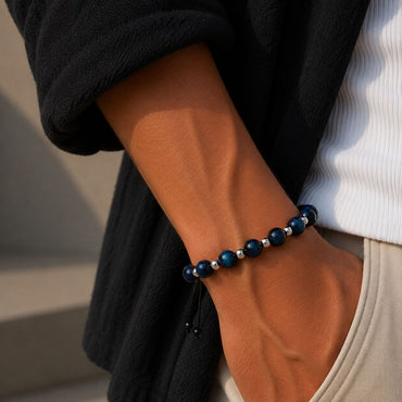 Brățară cu Blue Tiger Eye de 6 mm și bile din argint 925 pe șnur reglabil