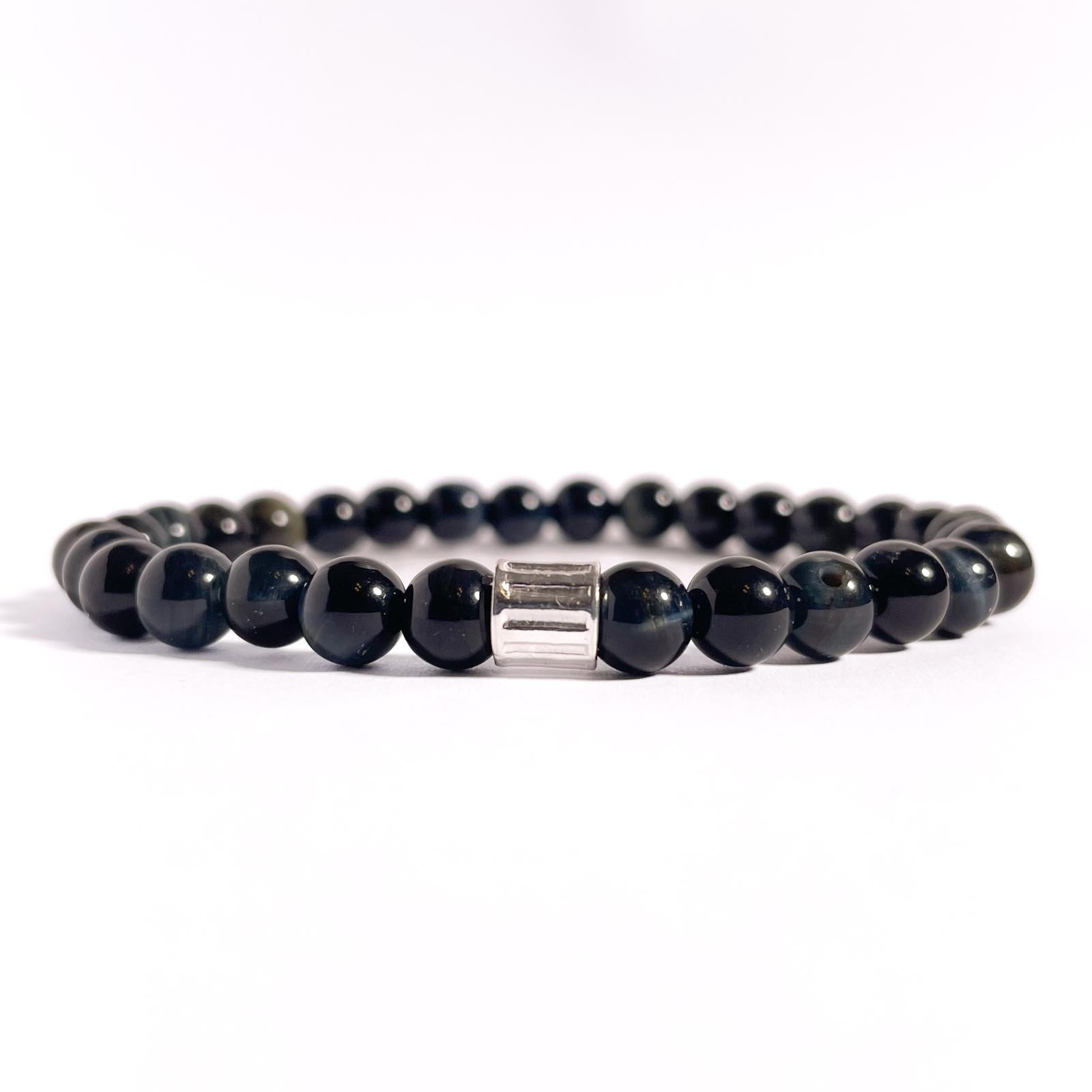 Brățară Blue Tiger Eye cu element central din argint 925, montată pe elastic