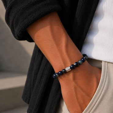 Brățară Blue Tiger Eye cu element central din argint 925, montată pe elastic