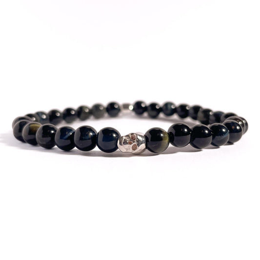 Brățară Blue Tiger Eye cu element skull din argint 925 și bilă de 4 mm