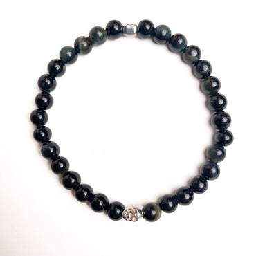 Brățară Blue Tiger Eye cu element skull din argint 925 și bilă de 4 mm