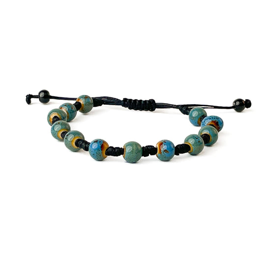 brățară ceramică bleu reglabilă handmade pe șnur negru