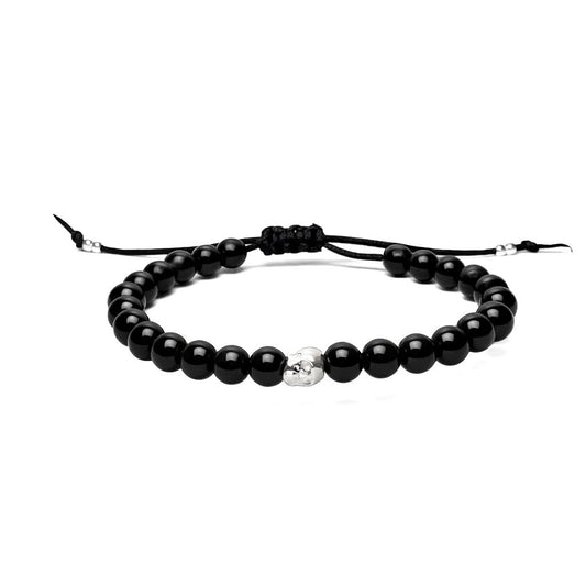 Brățară Onix negru cu element skull din argint 925 pe șnur reglabil