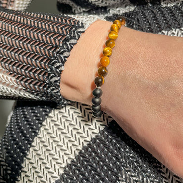 Brățară Tiger Eye și Onix mat cu bile din argint 925, 6 mm, unisex