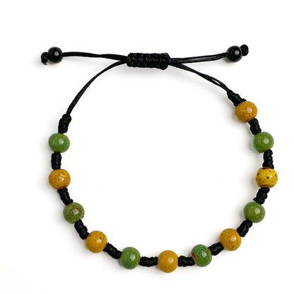 Brățară ceramică verde-galben reglabilă – handmade unisex cu șnur negru