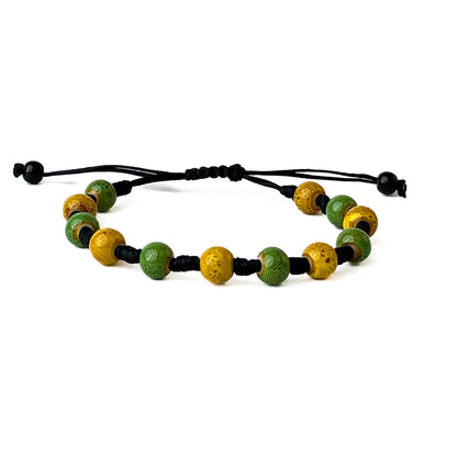 Brățară ceramică verde-galben reglabilă – handmade unisex cu șnur negru