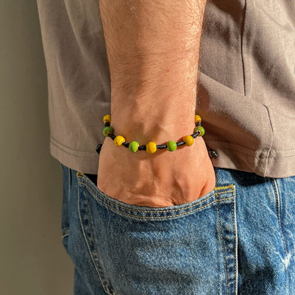 Brățară ceramică verde-galben reglabilă – handmade unisex cu șnur negru