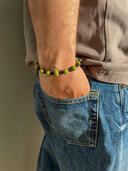 Brățară ceramică verde reglabilă – handmade unisex cu șnur negru