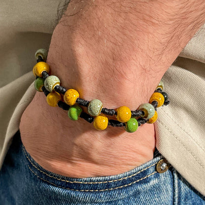 Brățară ceramică galben-albastru reglabilă – handmade unisex cu șnur negru
