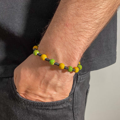 Brățară ceramică verde-galben reglabilă – handmade unisex cu șnur negru