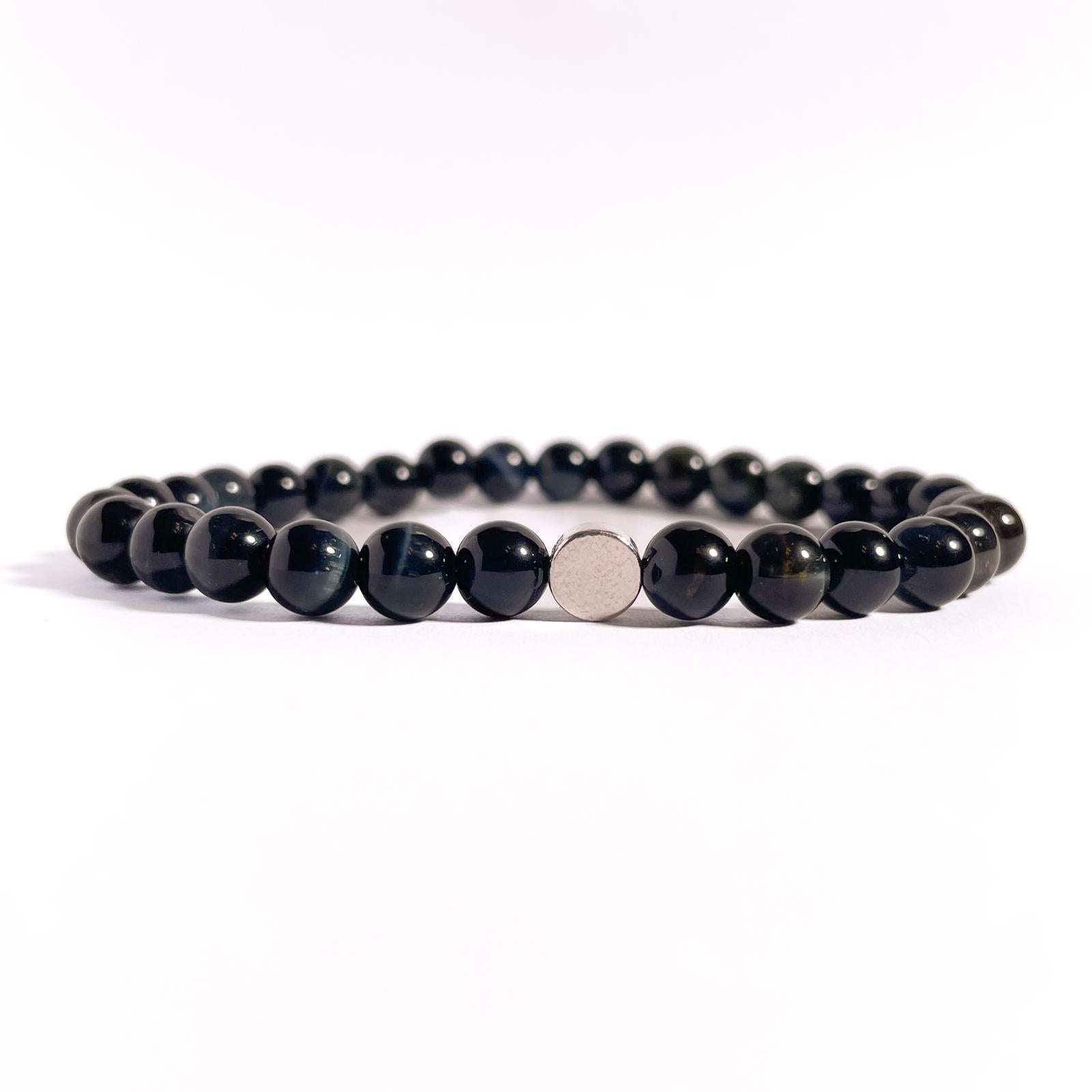 Brățară Blue Tiger Eye 6 mm cu element din argint 925, montată pe elastic, design elegant minimalist