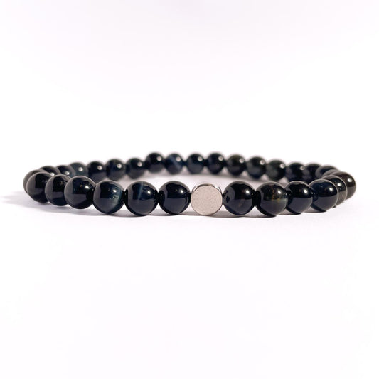 Brățară Blue Tiger Eye 6 mm cu element din argint 925, montată pe elastic, design elegant minimalist