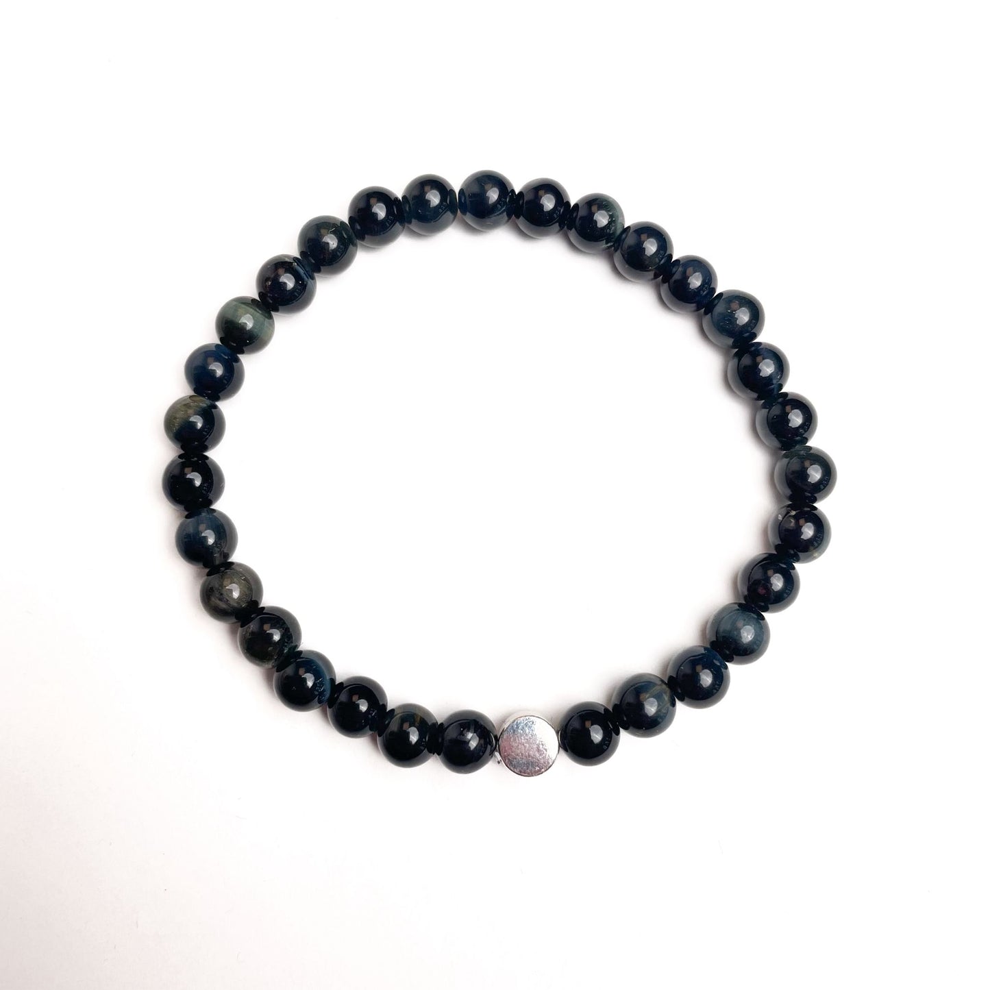 Brățară Blue Tiger Eye 6 mm cu element din argint 925, montată pe elastic, design elegant minimalist