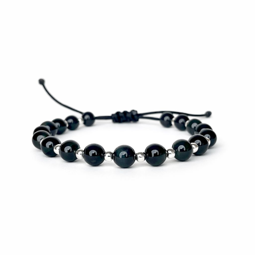 Brățară cu Blue Tiger Eye de 6 mm și bile din argint 925 pe șnur reglabil