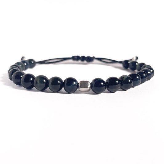 Brățară Blue Tiger Eye 6 mm cu bilă din argint 925 pe șnur reglabil negru