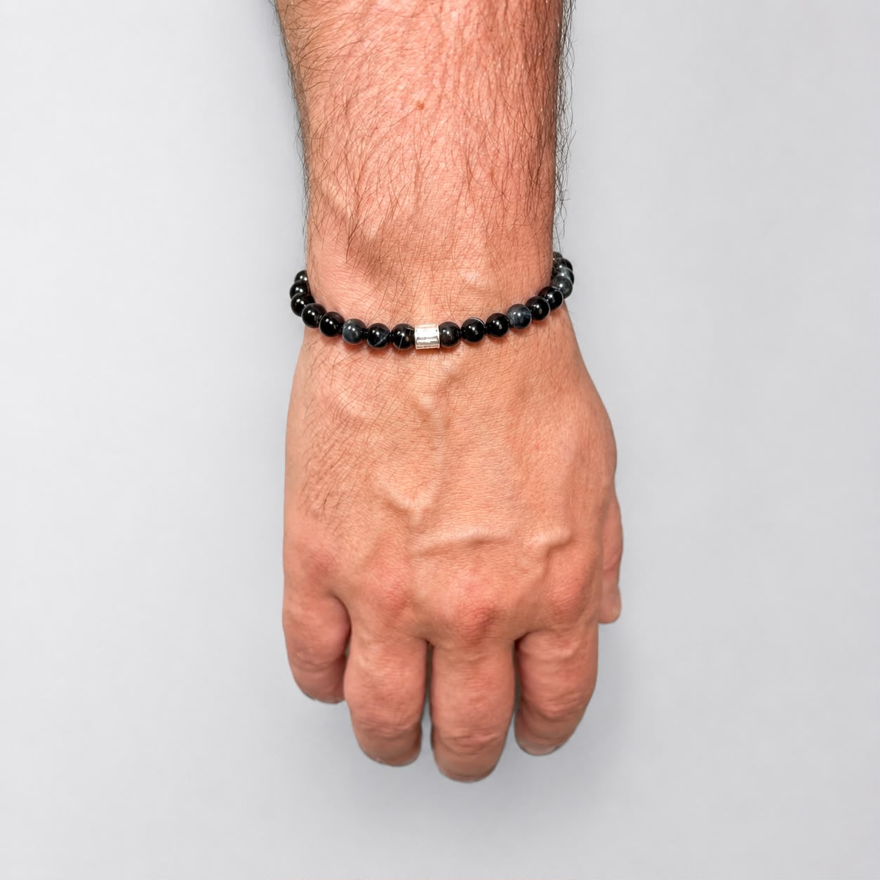 Brățară Blue Tiger Eye cu element central din argint 925, montată pe elastic