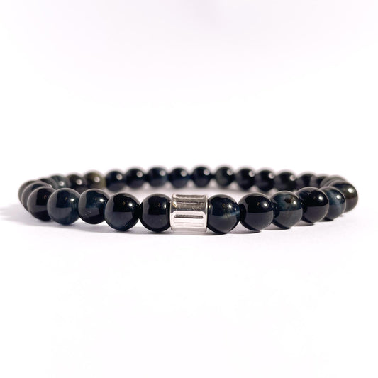 Brățară Blue Tiger Eye cu element central din argint 925, montată pe elastic