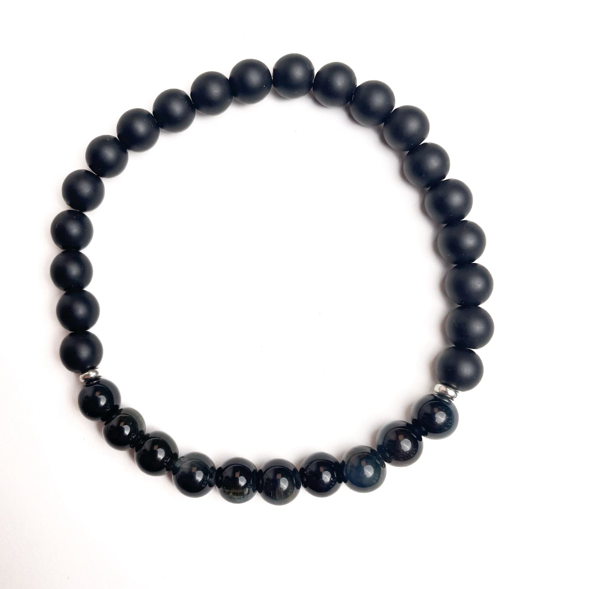 Brățară Blue Tiger Eye și Onix mat cu bile din argint 925, 6 mm, unisex