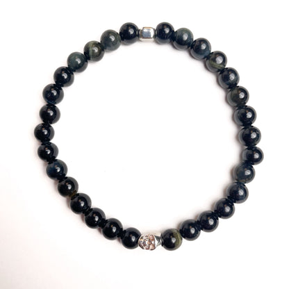 Brățară Blue Tiger Eye cu element skull din argint 925 și bilă de 4 mm