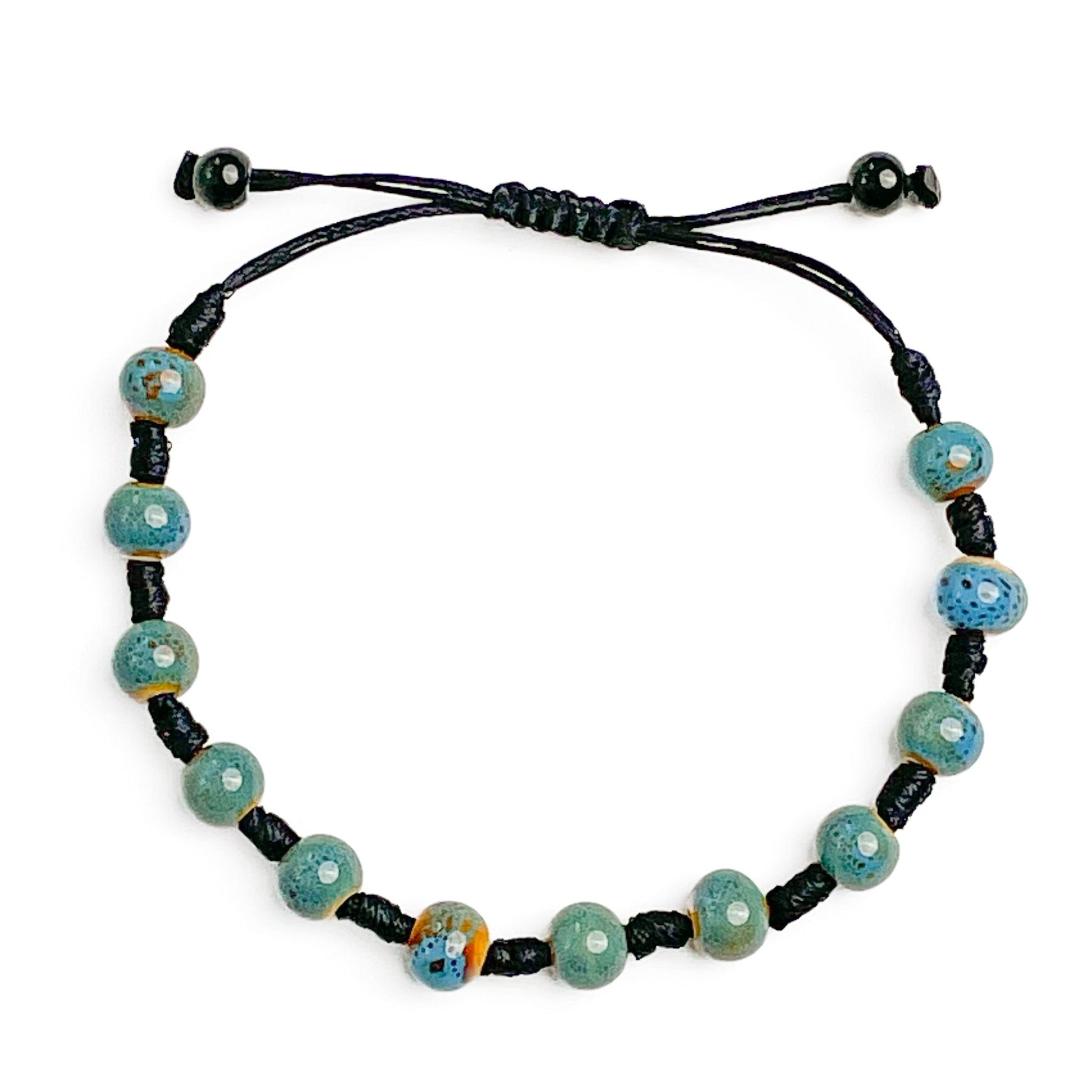 brățară ceramică bleu reglabilă handmade pe șnur negru