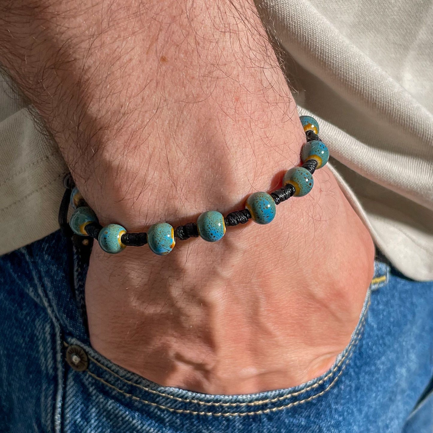 brățară ceramică bleu reglabilă handmade pe șnur negru
