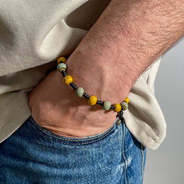 brățară ceramică galben albastru reglabilă handmade pe șnur negru