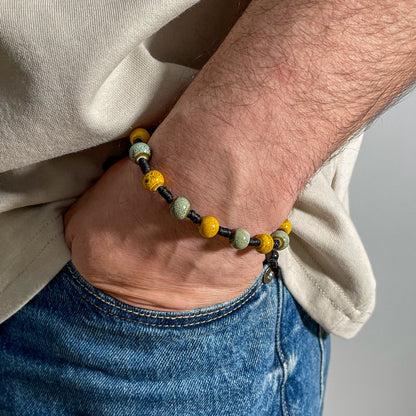 brățară ceramică galben albastru reglabilă handmade pe șnur negru