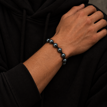 brățară ceramică gri albastru metalic 10mm reglabilă handmade pe șnur negru