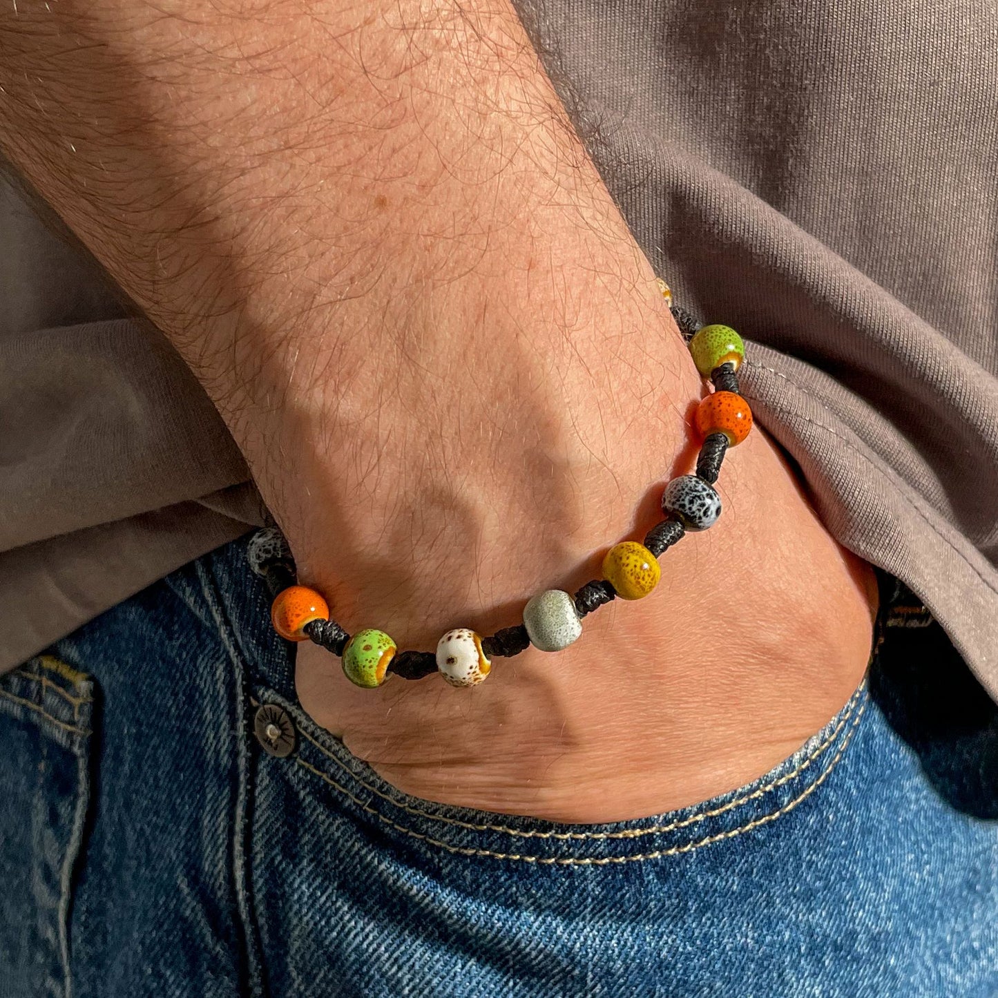 brățară ceramică multicoloră reglabilă handmade pe șnur negru