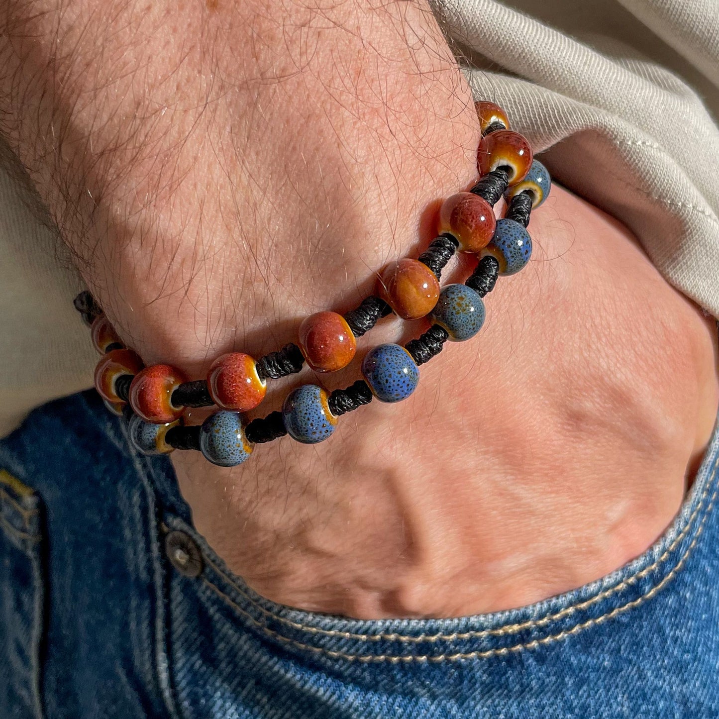 brățară ceramică navy reglabilă handmade pe șnur negru