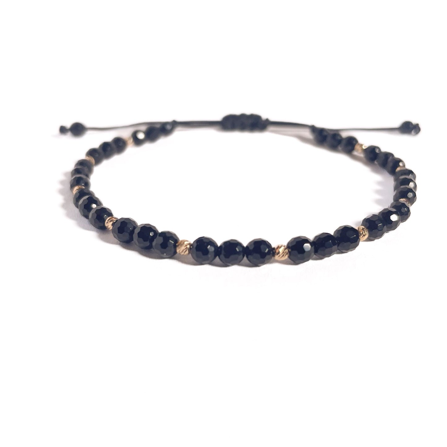 Brățară Onix fațetat 4 mm cu bile din aur 14K pe șnur reglabil negru