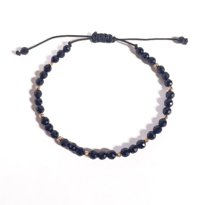 Brățară Onix fațetat 4 mm cu bile din aur 14K pe șnur reglabil negru