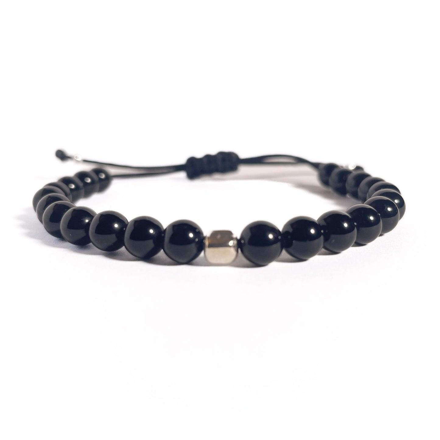 Brățară Onix lucios 6 mm cu bilă din argint 925 pe șnur reglabil negru