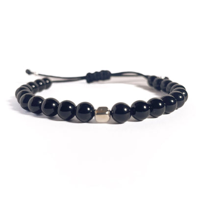 Brățară Onix lucios 6 mm cu bilă din argint 925 pe șnur reglabil negru