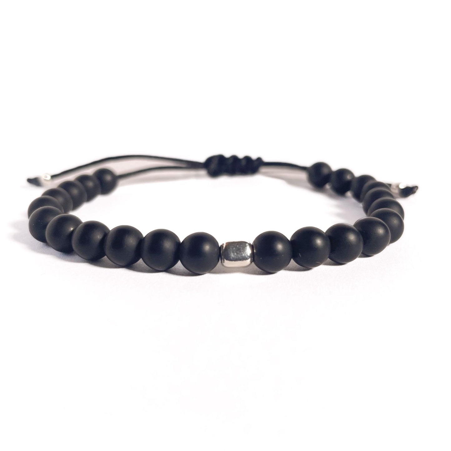 Brățară Onix Mat 6 mm cu bilă din argint 925 pe șnur reglabil negru