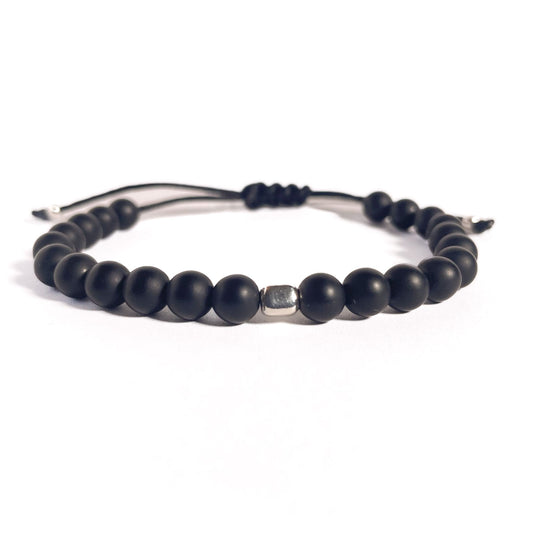 Brățară Onix Mat 6 mm cu bilă din argint 925 pe șnur reglabil negru