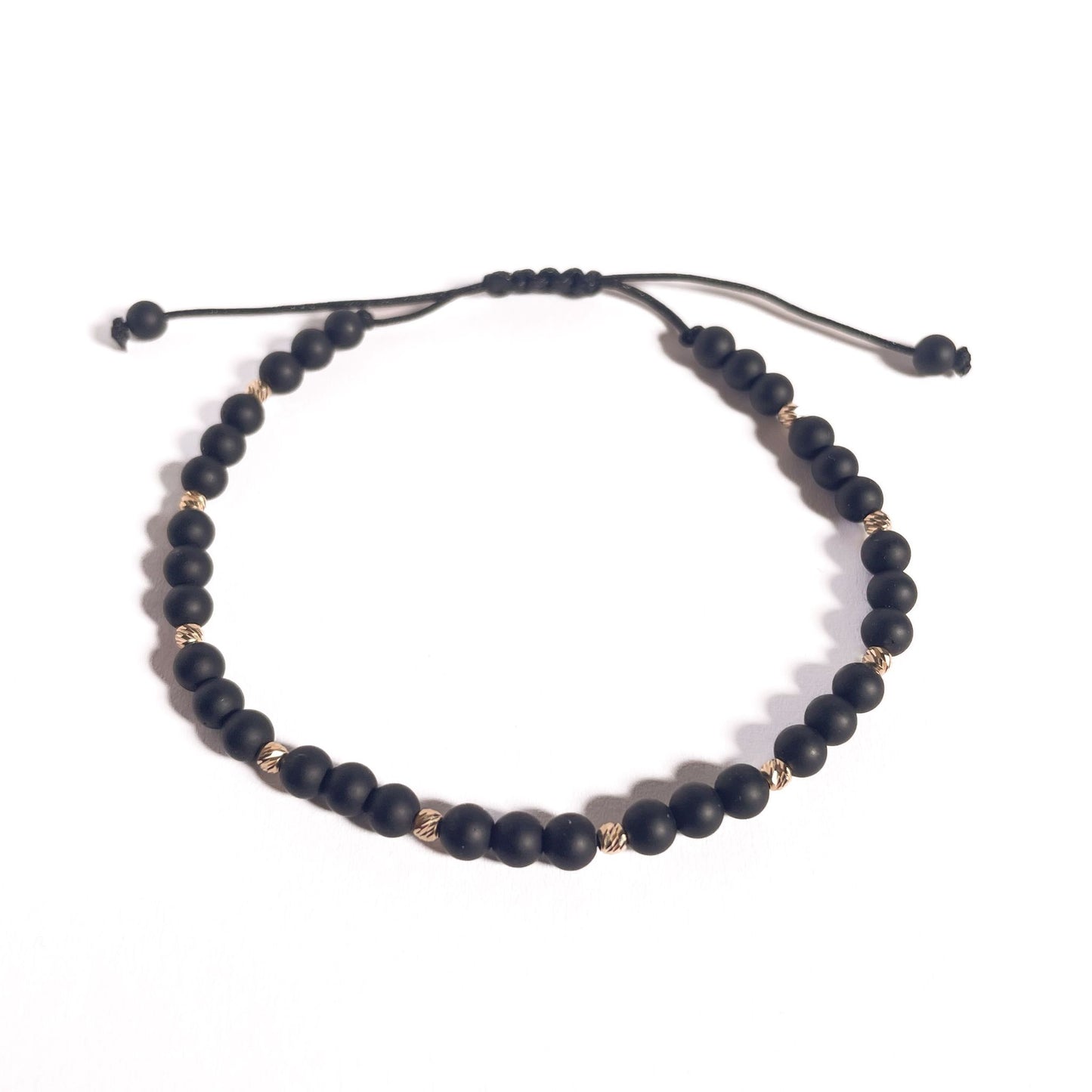 Brățară Onix Mat 4 mm cu bile din aur 14K pe șnur reglabil negru