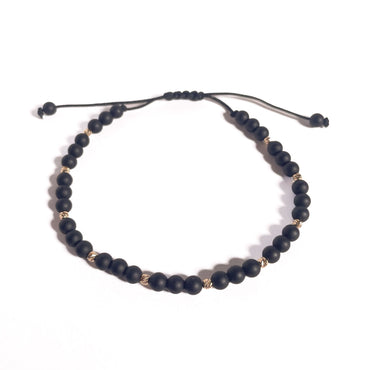 Brățară Onix Mat 4 mm cu bile din aur 14K pe șnur reglabil negru