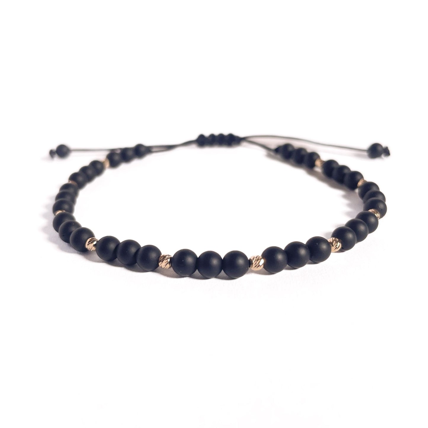 Brățară Onix Mat 4 mm cu bile din aur 14K pe șnur reglabil negru
