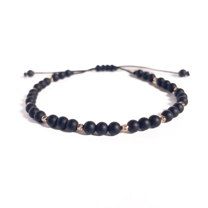 Brățară Onix Mat 4 mm cu bile din aur 14K pe șnur reglabil negru