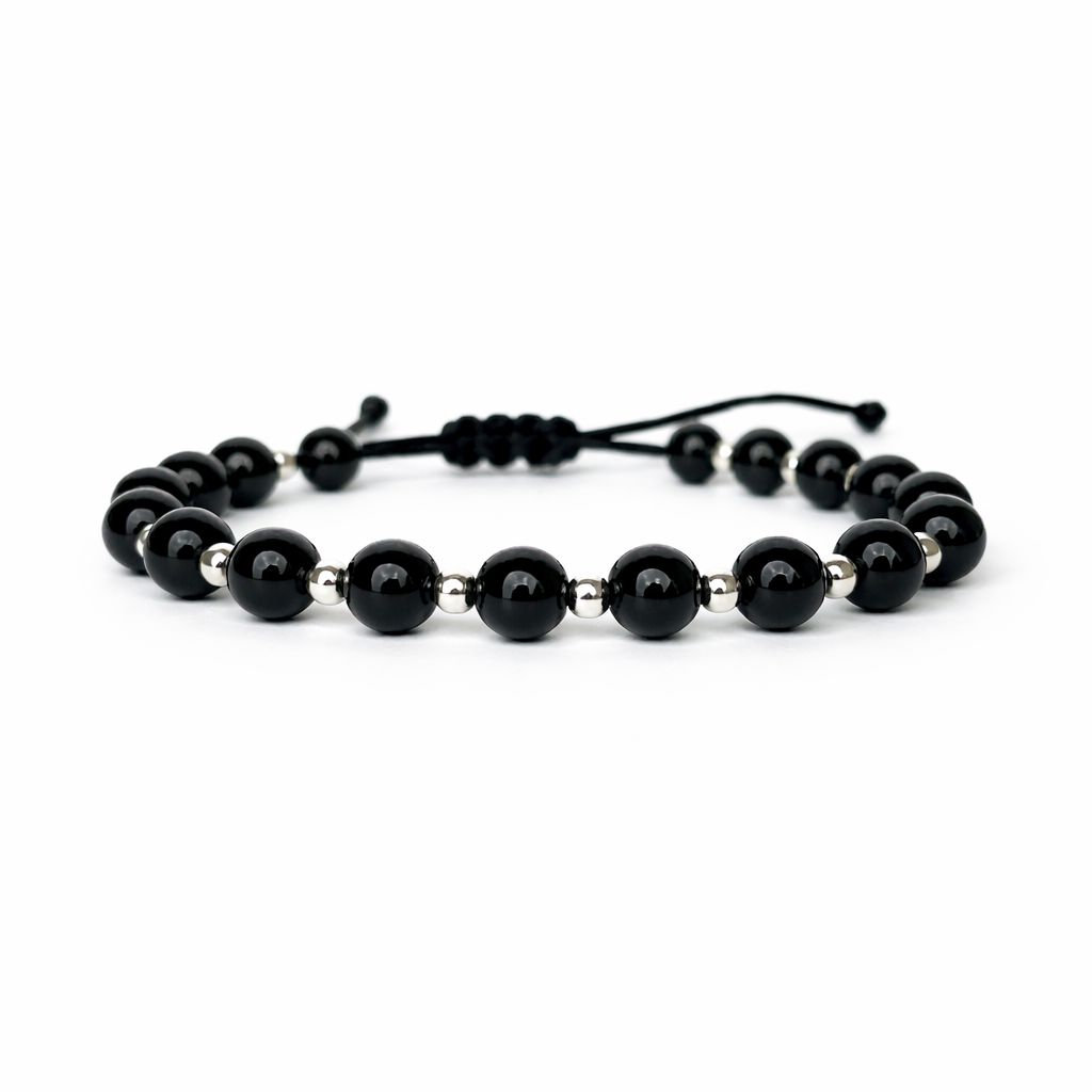 Brățară cu Onix negru de 6 mm și bile din argint 925 pe șnur reglabil