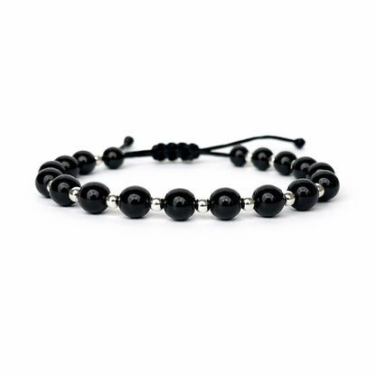Brățară cu Onix negru de 6 mm și bile din argint 925 pe șnur reglabil