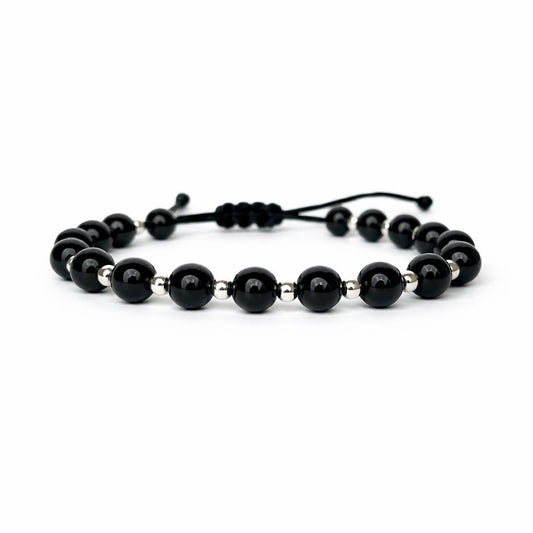 Brățară cu Onix negru de 6 mm și bile din argint 925 pe șnur reglabil