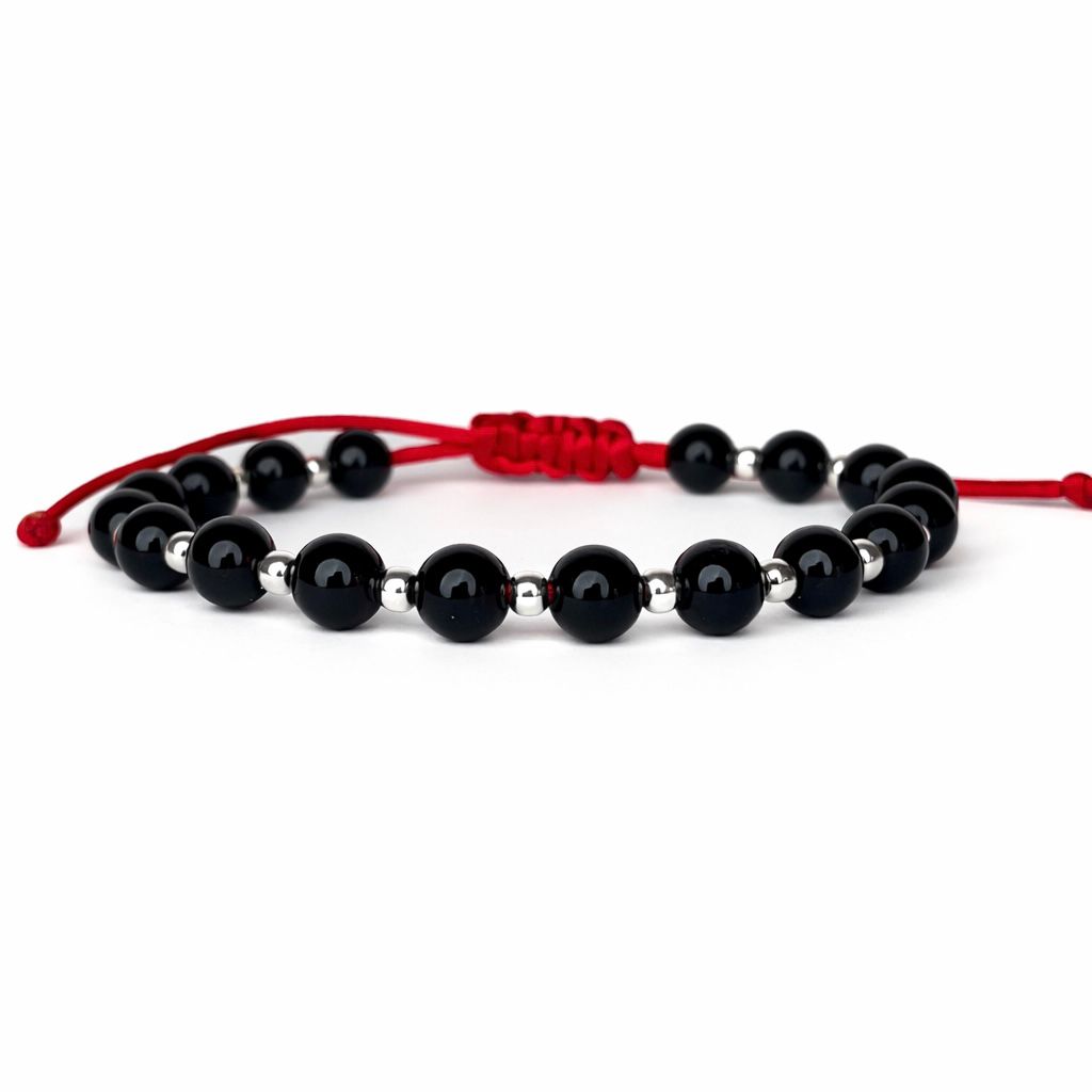 Brățară Onix negru de 6 mm cu argint 925 și șnur roșu reglabil