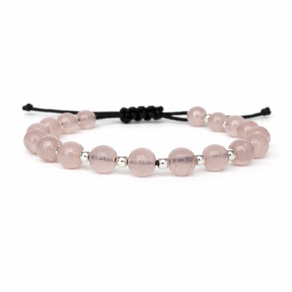 Brățară Quartz Roz de 6 mm cu bile din argint 925 pe șnur reglabil