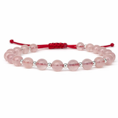 Brățară Quartz Roz de 6 mm cu argint 925 și șnur roșu reglabil