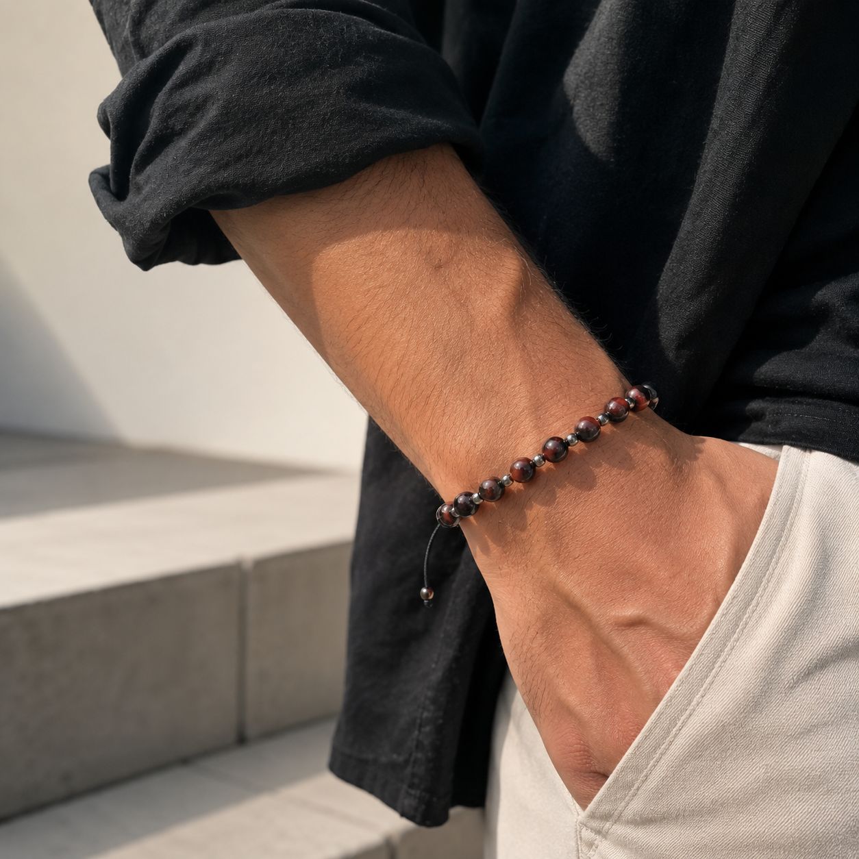 Brățară Tiger Eye cu bile din argint 925 pe șnur reglabil negru