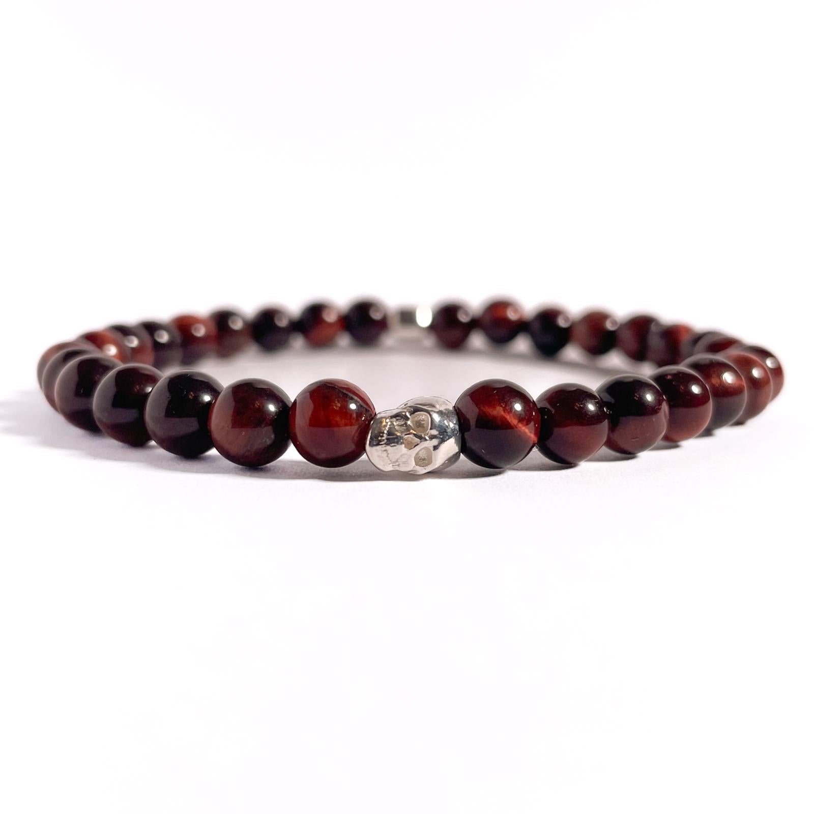 Brățară Red Tiger Eye cu element skull din argint 925 și bilă de 6 mm