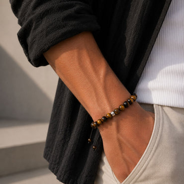 Brățară Tiger Eye 6 mm cu bilă din argint 925 pe șnur reglabil negru