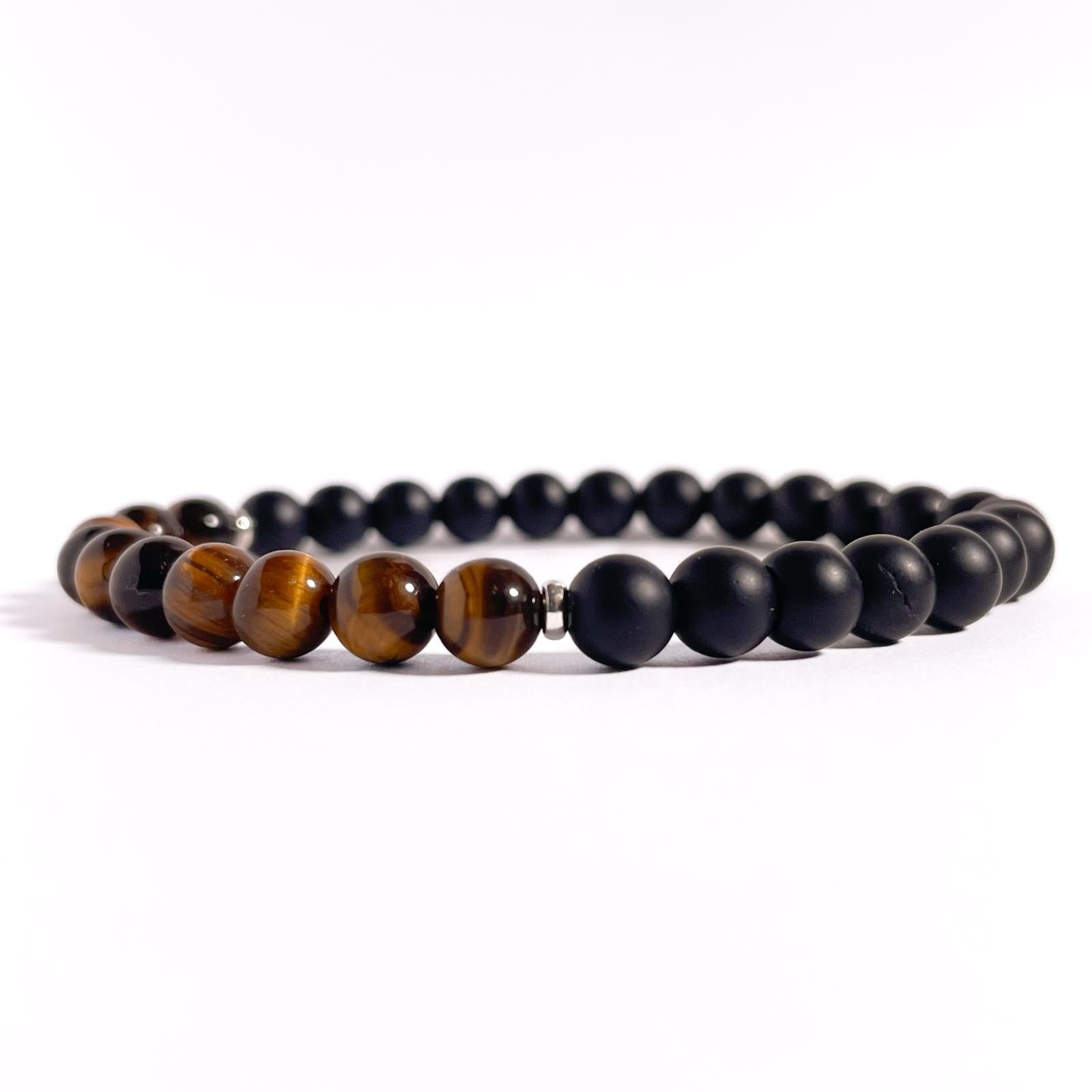 Brățară Tiger Eye și Onix mat cu bile din argint 925, 6 mm, unisex